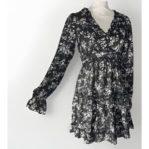 Black White Floral Small Dress Puff Sleeve Babydoll Coquette Ruffle Tier Whimsy